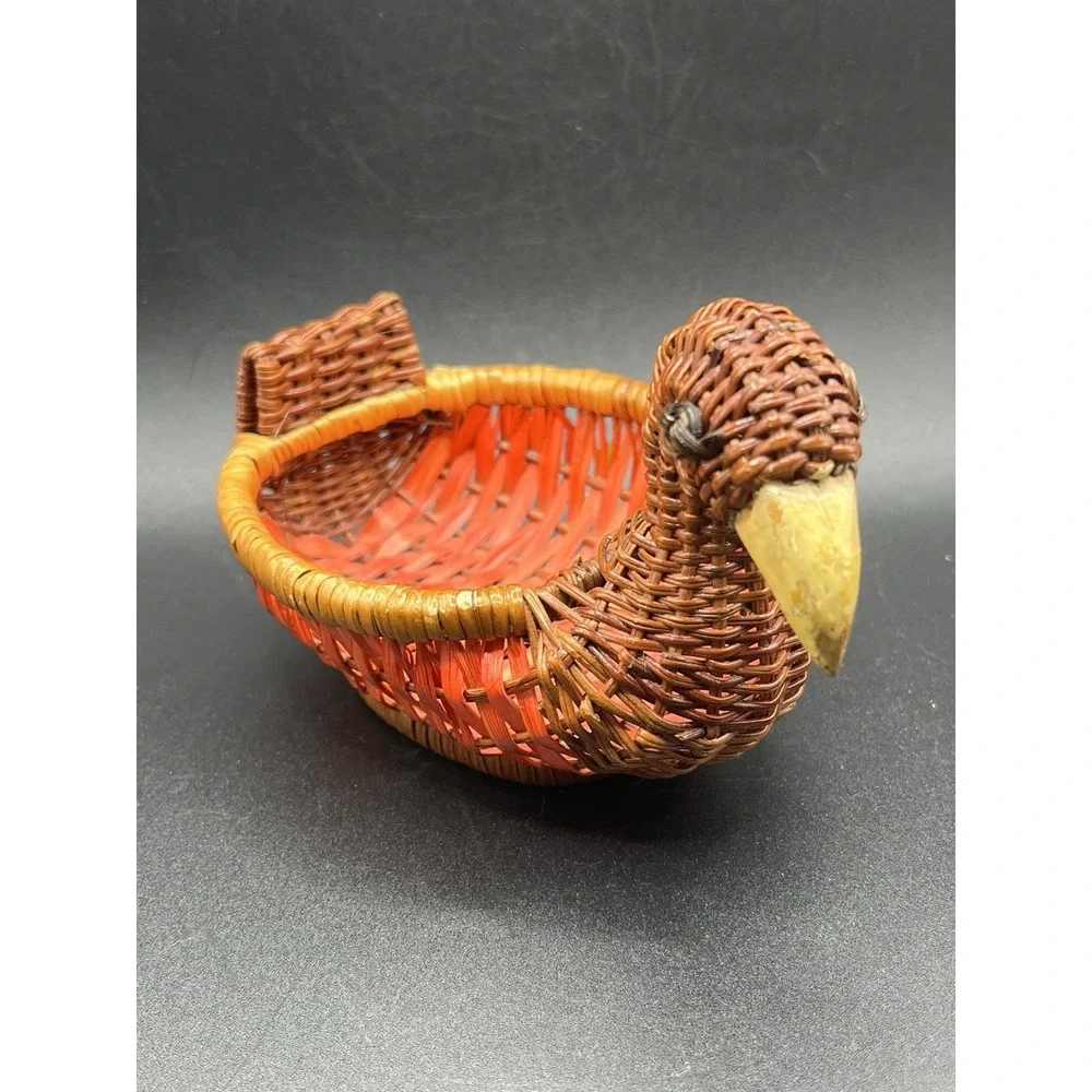 Vintage Woven Wicker Duck Bird Basket Bowl w/ Wooden Beak‎ - 6